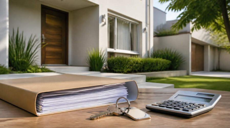 Imóvel residencial, pasta de documentos, chaves e calculadora para avaliação em inventário