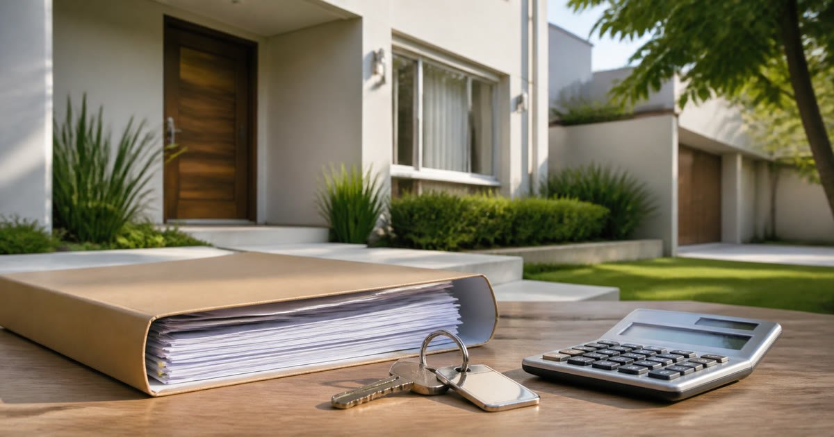 Imóvel residencial, pasta de documentos, chaves e calculadora para avaliação em inventário