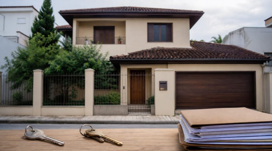 Casa herdada com duas chaves e documentos para prevenção de usucapião entre herdeiros