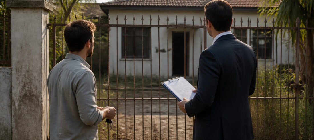 Advogado e proprietário avaliam casa vazia antes de buscar a posse