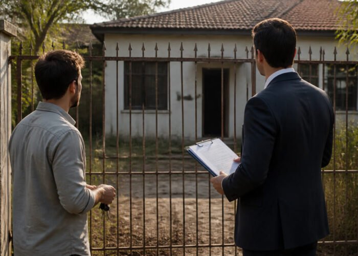 Advogado e proprietário avaliam casa vazia antes de buscar a posse