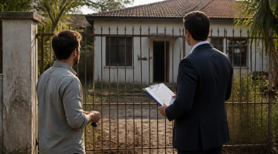 Advogado e proprietário avaliam casa vazia antes de buscar a posse