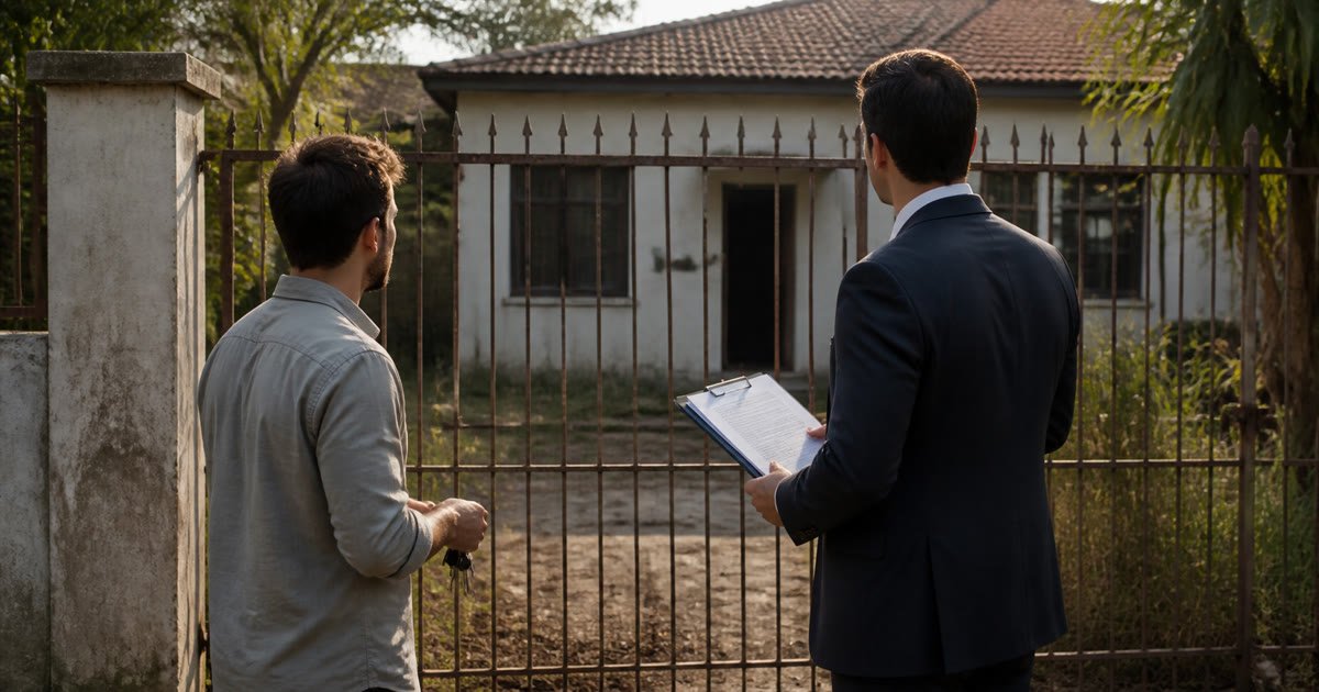 Advogado e proprietário avaliam casa vazia antes de buscar a posse