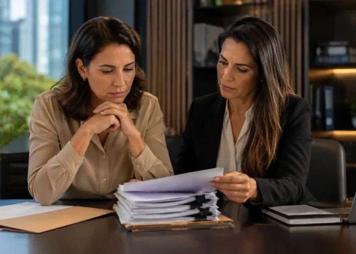 Trabalhadora e advogada revisam dossiê para processar empresa por assédio moral