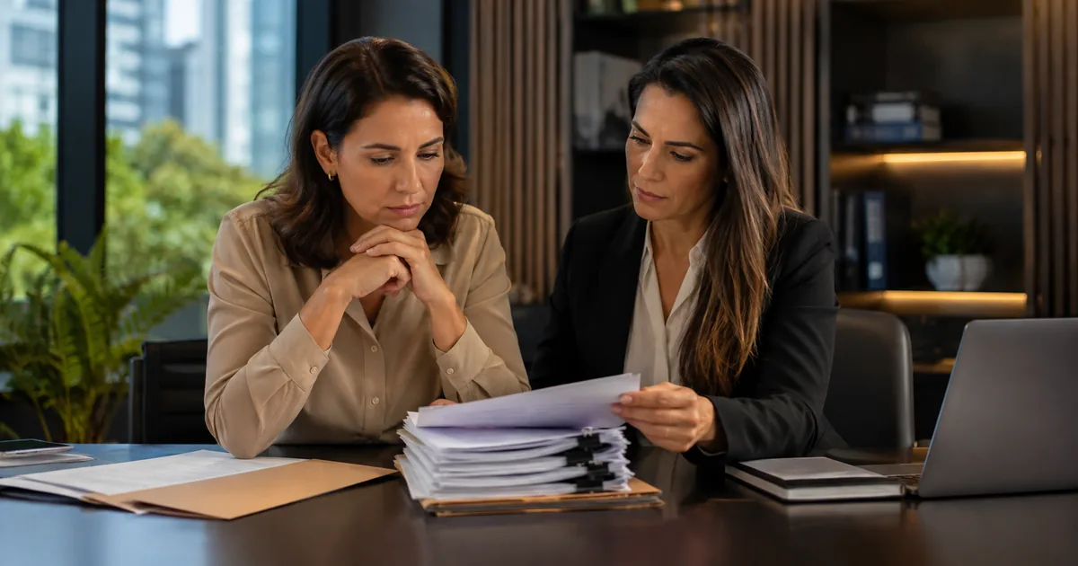 Trabalhadora e advogada revisam dossiê para processar empresa por assédio moral