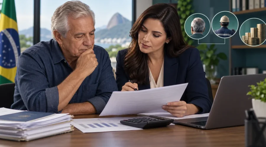 Aposentado analisa revisão do fator com advogada