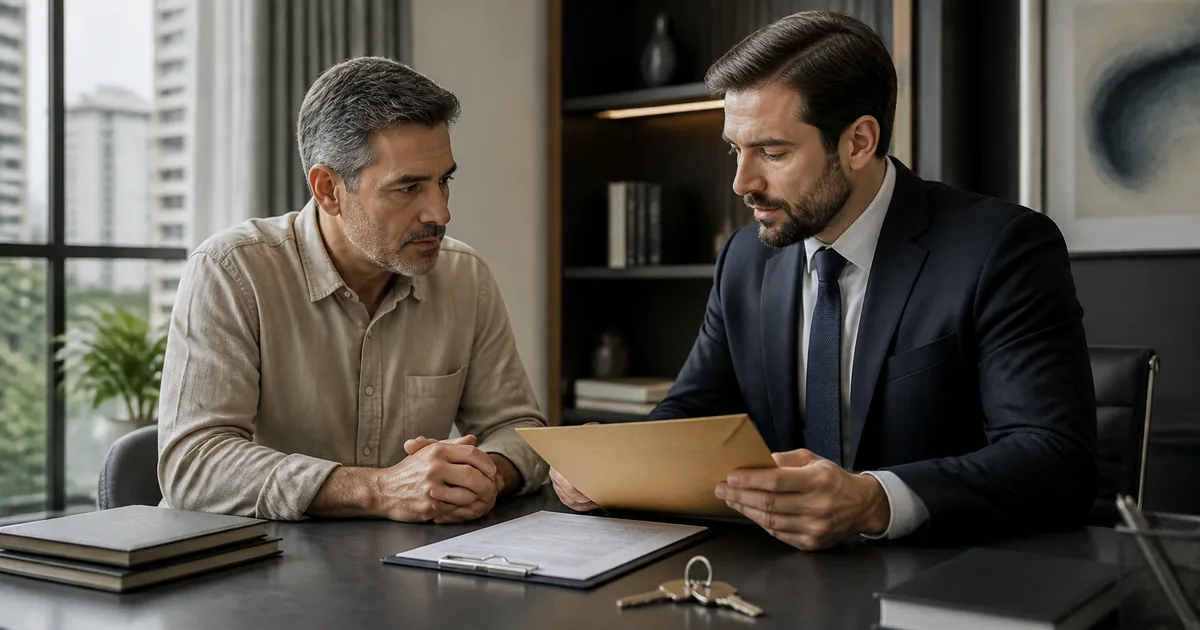 Locador e advogado analisam contrato, notificação e chaves antes do despejo