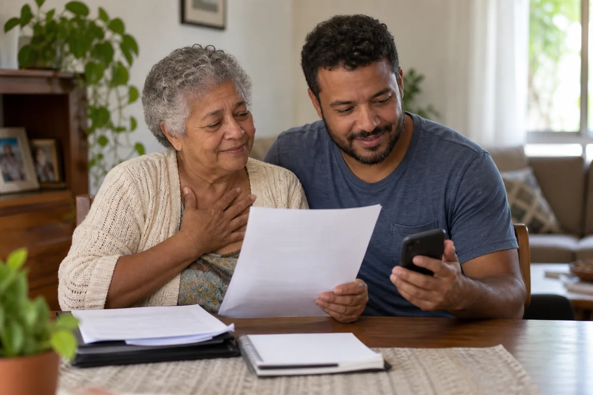 Idosa e familiar consultam carta de concessão e extrato do BPC
