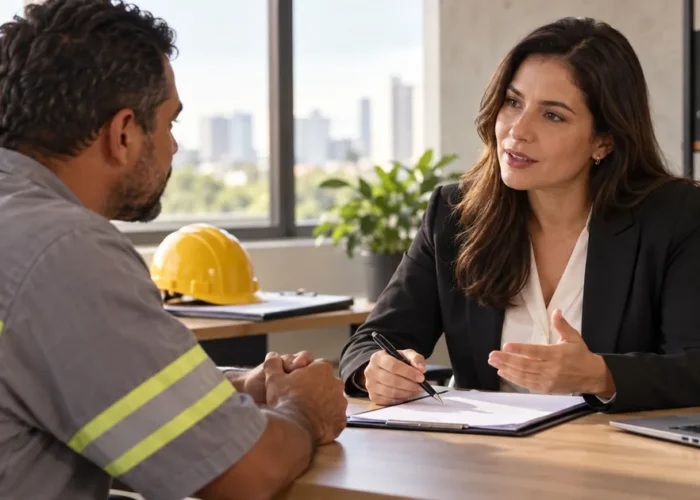 Trabalhador conversa com advogada sobre ação por acidente de trabalho