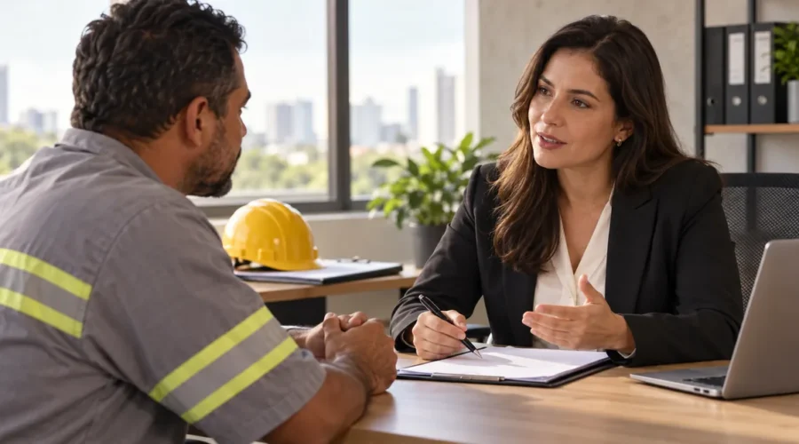 Trabalhador conversa com advogada sobre ação por acidente de trabalho