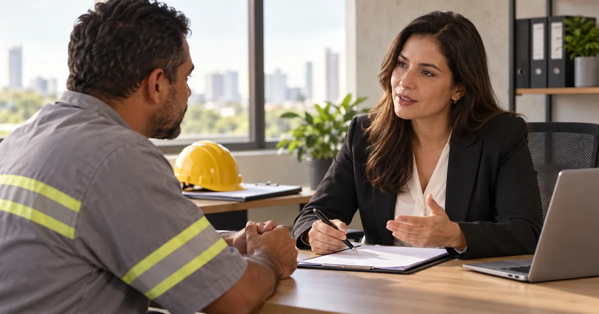 Trabalhador conversa com advogada sobre ação por acidente de trabalho
