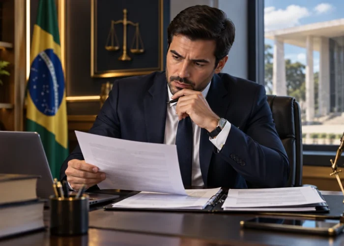 Advogado bancário analisa documentos para ação contra instituição financeira