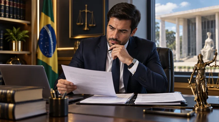 Advogado bancário analisa documentos para ação contra instituição financeira