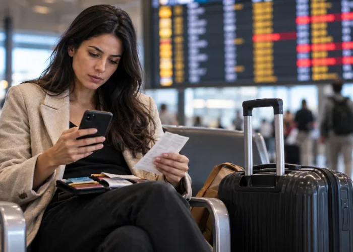 Passageira organiza documentos e consulta o celular após atraso de voo