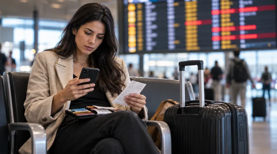 Passageira organiza documentos e consulta o celular após atraso de voo