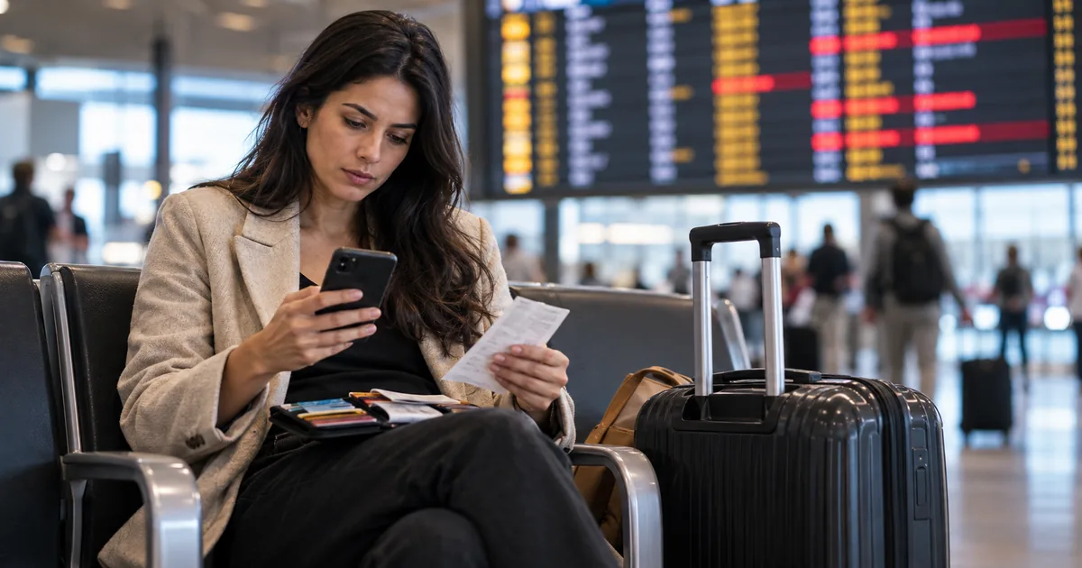 Passageira organiza documentos e consulta o celular após atraso de voo