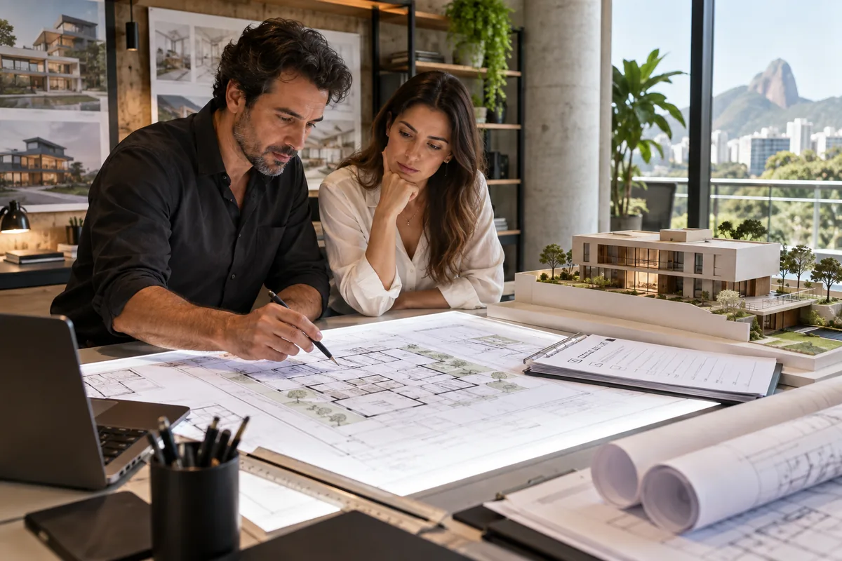 Arquiteto e proprietária revisam projeto e documentos para licenciamento