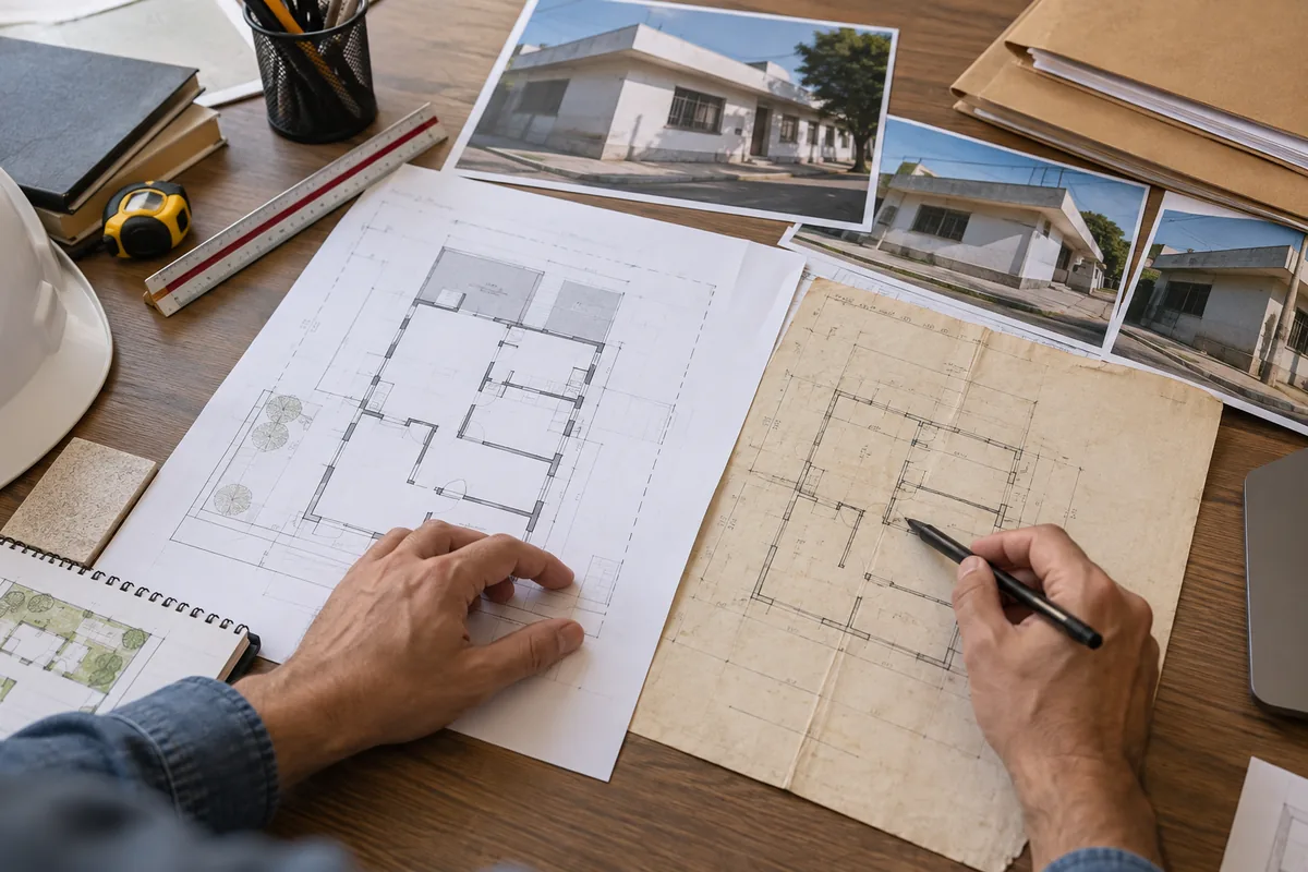 Profissional compara planta antiga e levantamento atual da edificação