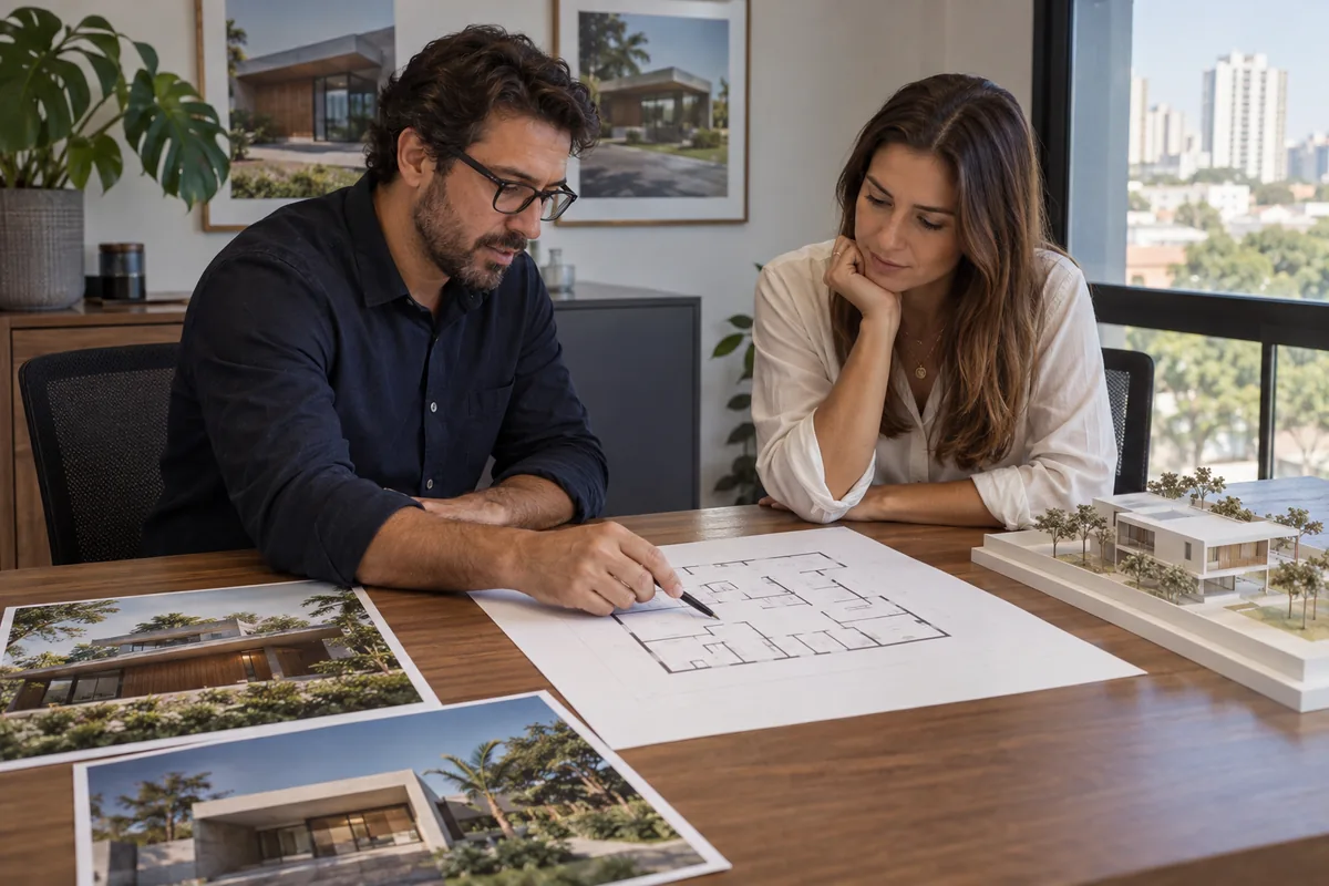 Profissional e proprietária analisam planta e maquete do imóvel