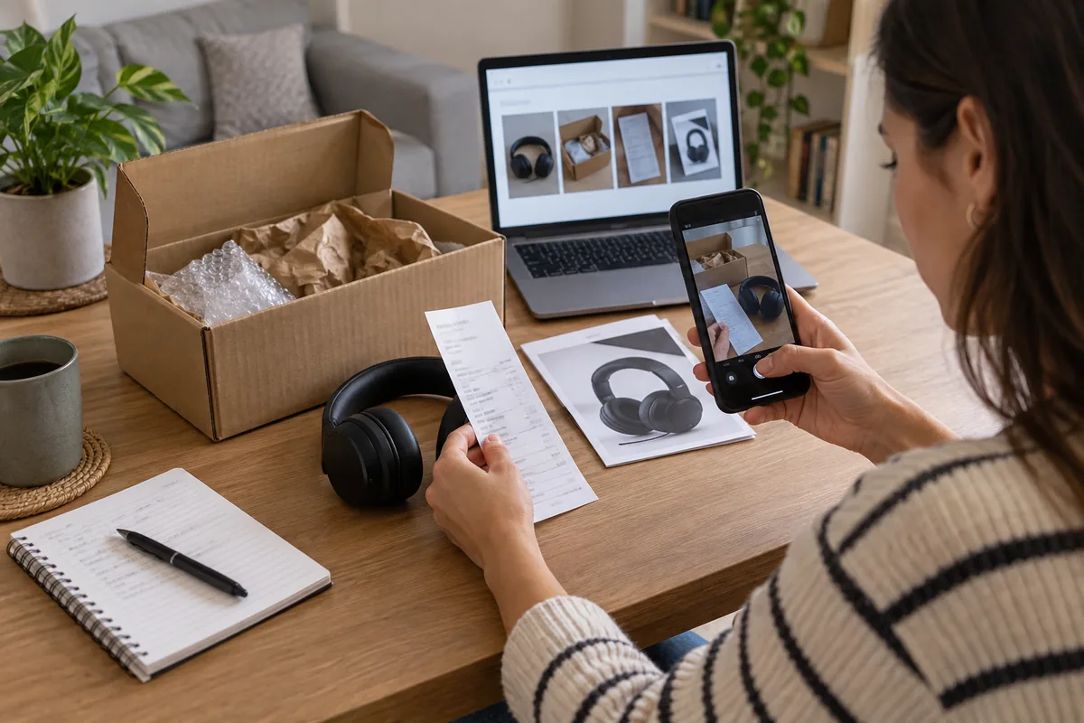 Consumidora fotografa produto, embalagem, anúncio e comprovante como prova