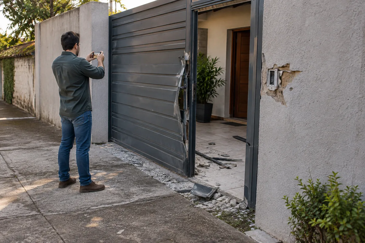 Morador fotografa danos no portão após interferência na posse do imóvel