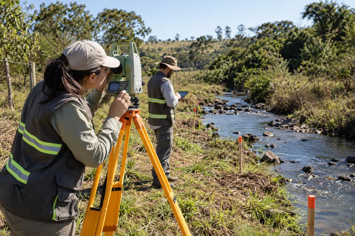 Equipe técnica realiza medição topográfica ao lado de córrego