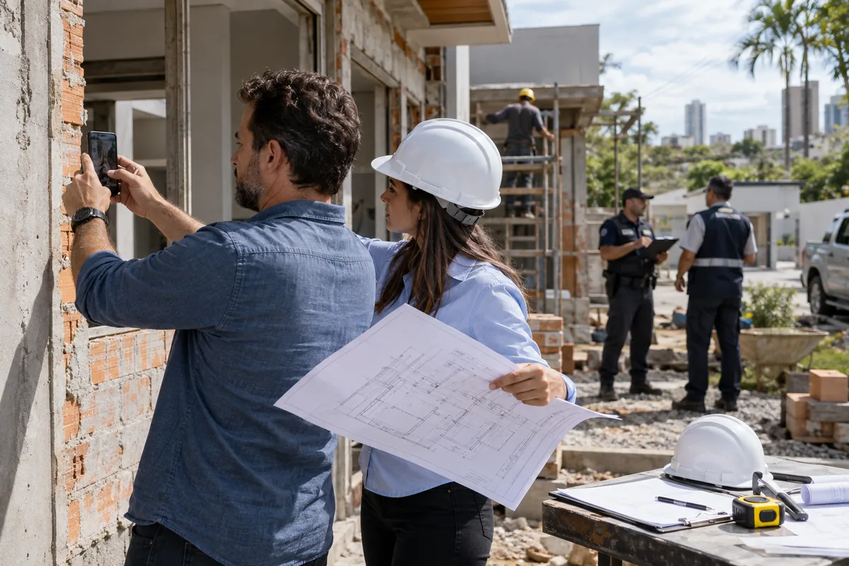 Proprietário e engenheira documentam a construção durante vistoria