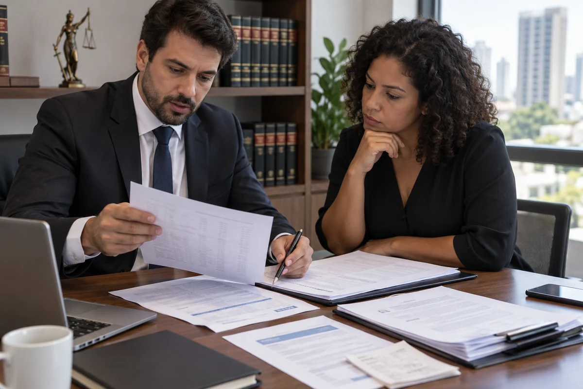 Consumidora e advogado conferem extratos e contratos bancários