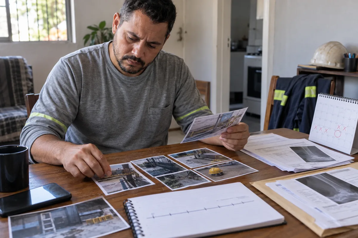 Trabalhador organiza fotografias e documentos do acidente de trabalho
