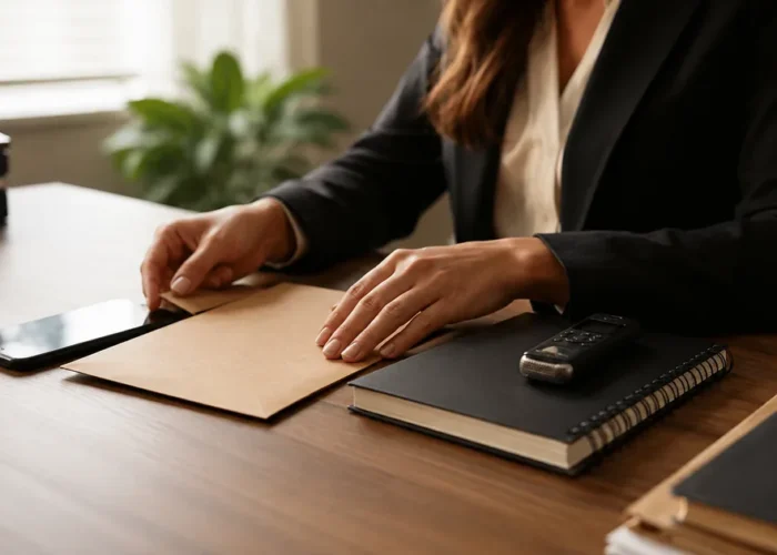 Celular, caderno e gravador organizados para preservar provas
