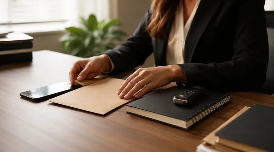 Celular, caderno e gravador organizados para preservar provas