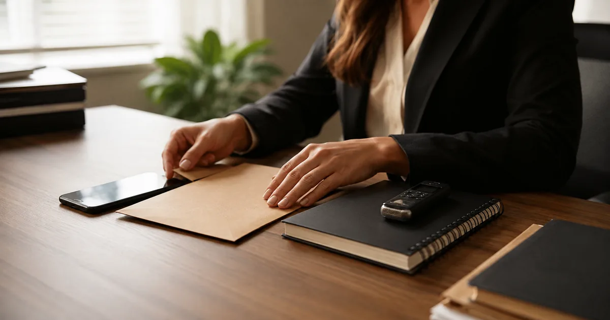 Celular, caderno e gravador organizados para preservar provas