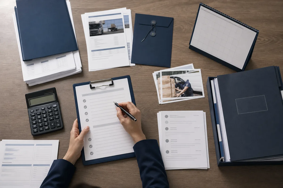 Documentos, calendário e checklist organizados para uma ação de cobrança