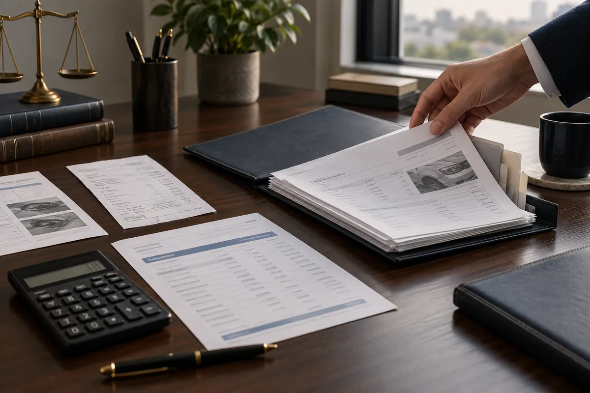 Documentos, recibos e calculadora organizados para comprovar danos materiais