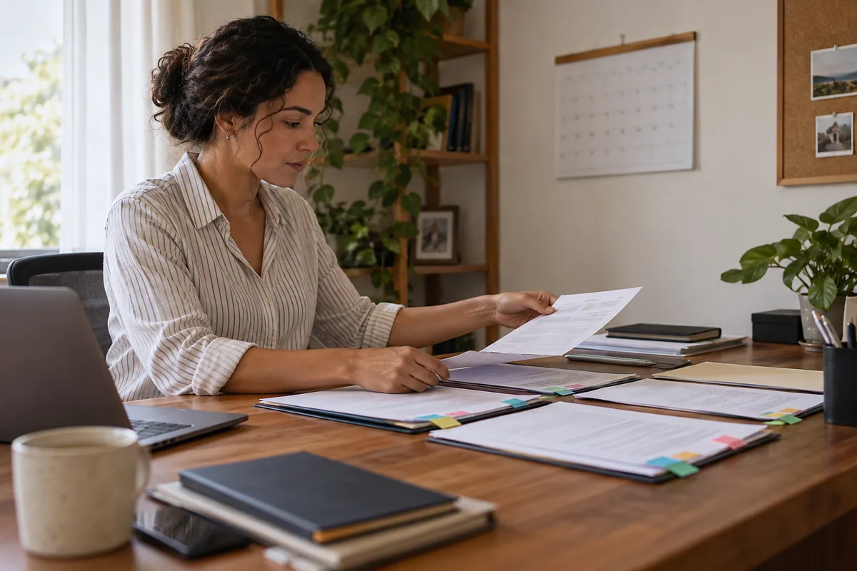 Profissional organiza documentos e datas sobre discriminação salarial