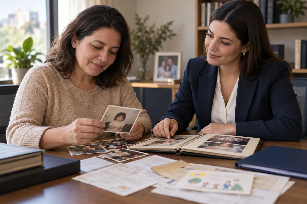 Mulher e advogada organizam fotografias e documentos familiares