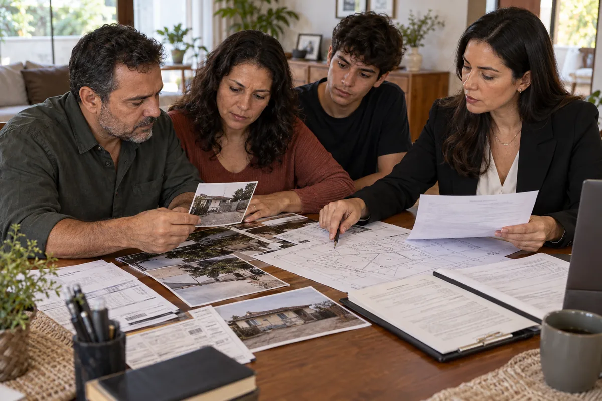 Família e advogada organizam fotografias, contas e planta do imóvel