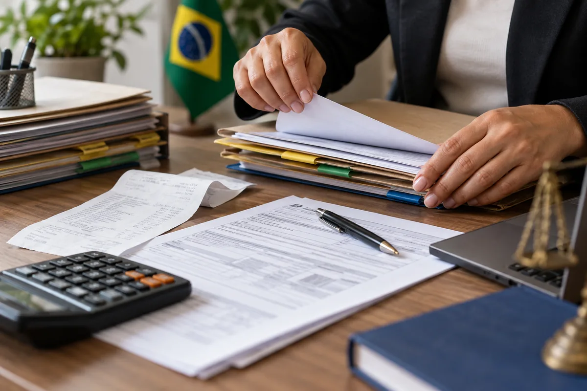 Profissional organiza documentos para pedido de restituição tributária