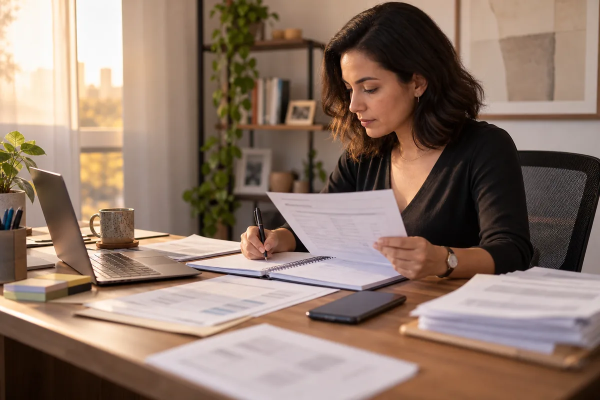 Trabalhadora organiza documentos para conferir diferença salarial