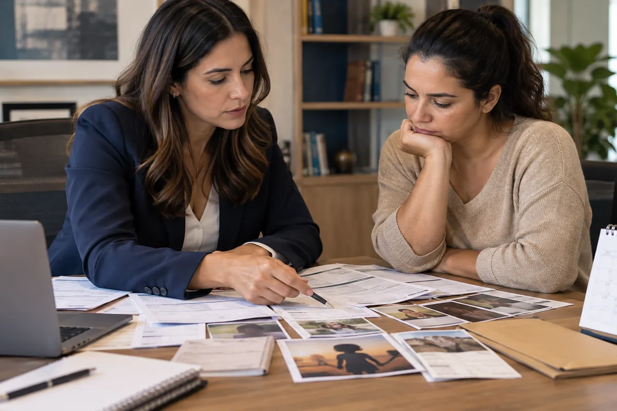 Advogada e cliente analisam documentos familiares para pensão