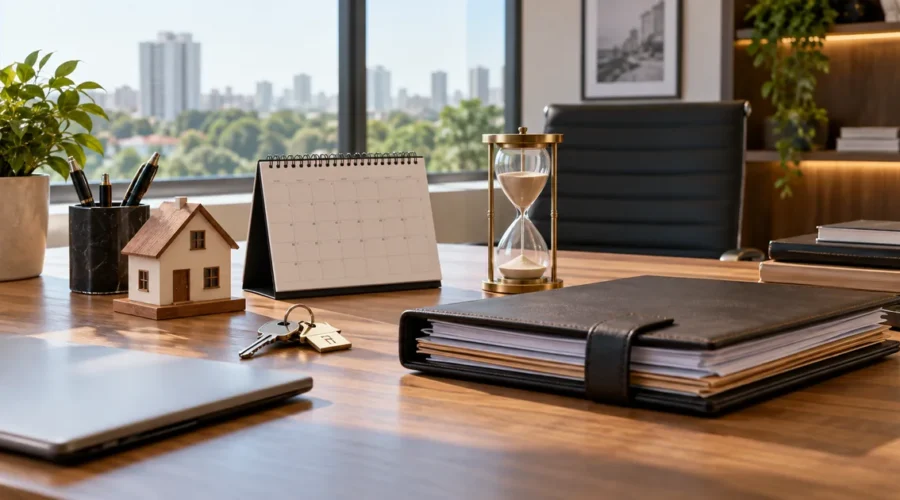Calendário, ampulheta e documentos representam o tempo do inventário