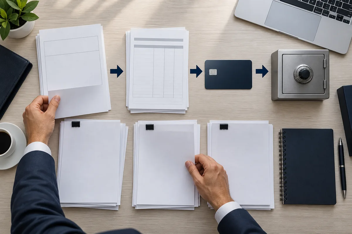 Documentos e conta bancária organizados para rastrear origem salarial