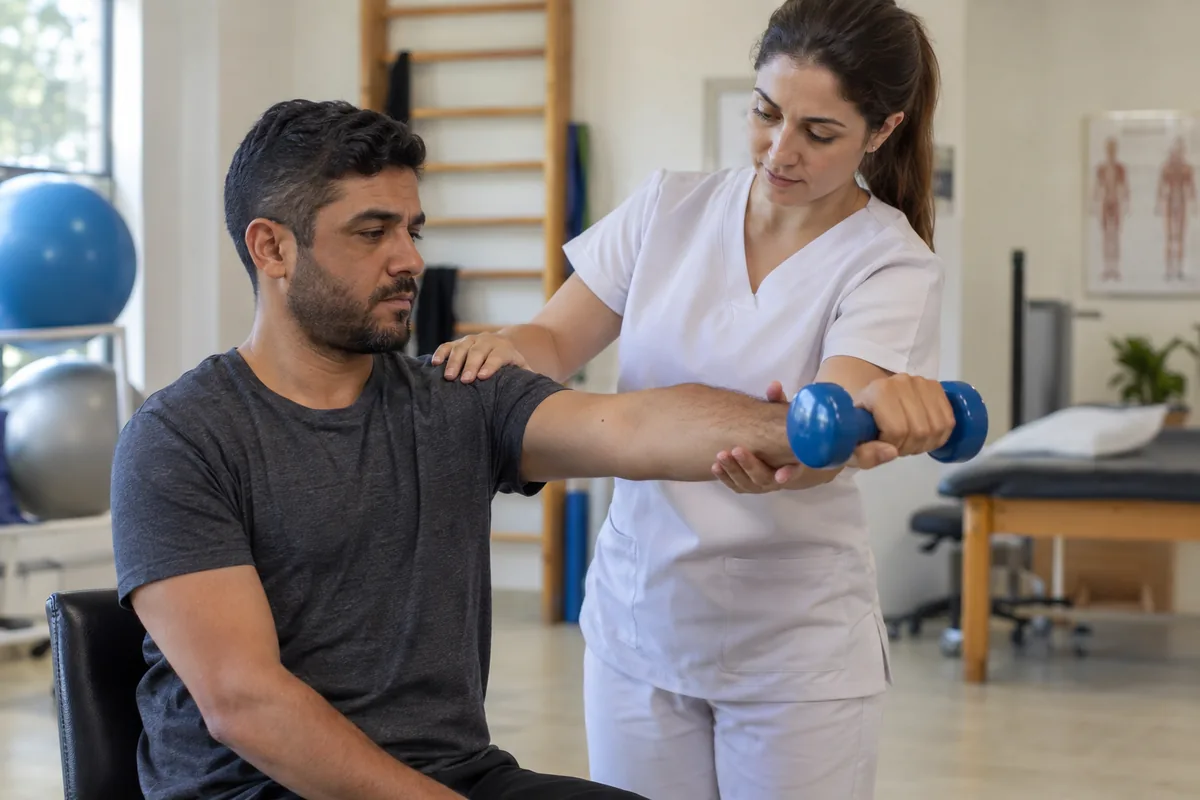 Trabalhador faz reabilitação do braço com fisioterapeuta