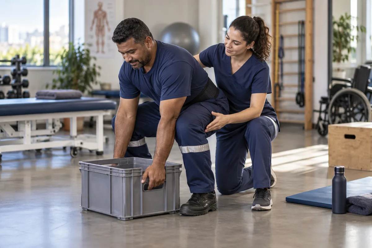 Fisioterapeuta orienta trabalhador em exercício de reabilitação