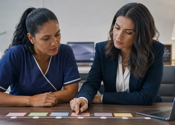 Trabalhadora e advogada revisam linha do tempo do trabalho
