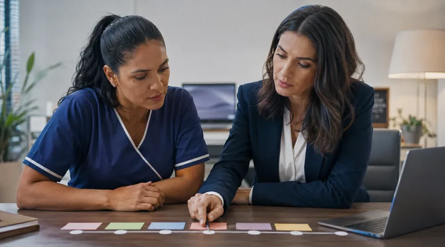 Trabalhadora e advogada revisam linha do tempo do trabalho