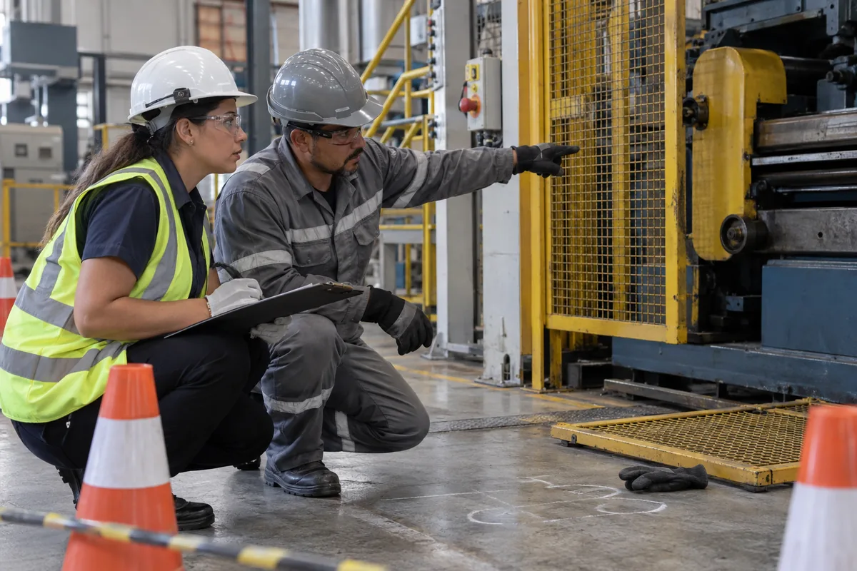 Engenheira de segurança e trabalhador analisam máquina e proteções