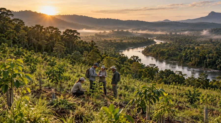 Equipe monitora paisagem com plantio jovem, mata nativa e rio protegido