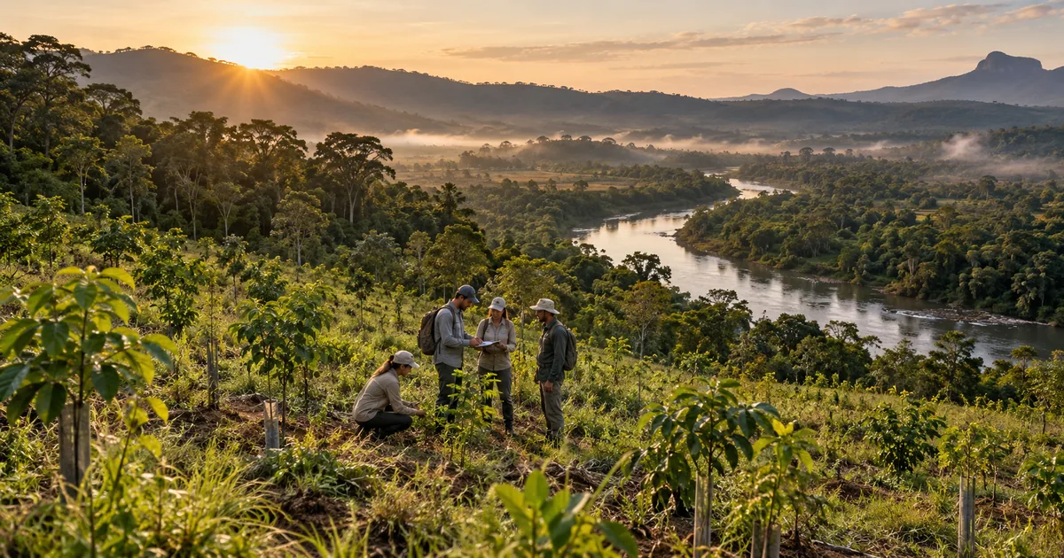 Equipe monitora paisagem com plantio jovem, mata nativa e rio protegido