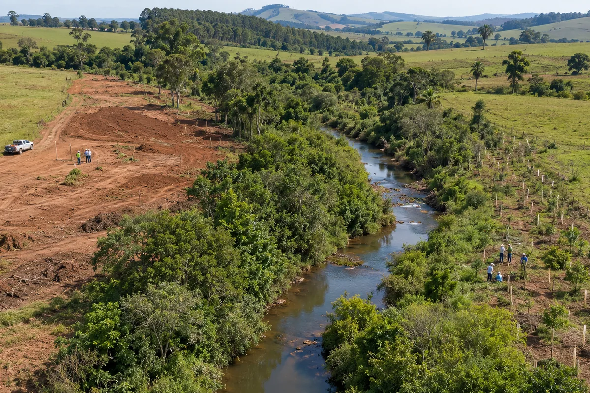 Área rural com trecho degradado e recuperação de mata ciliar ao longo de córrego